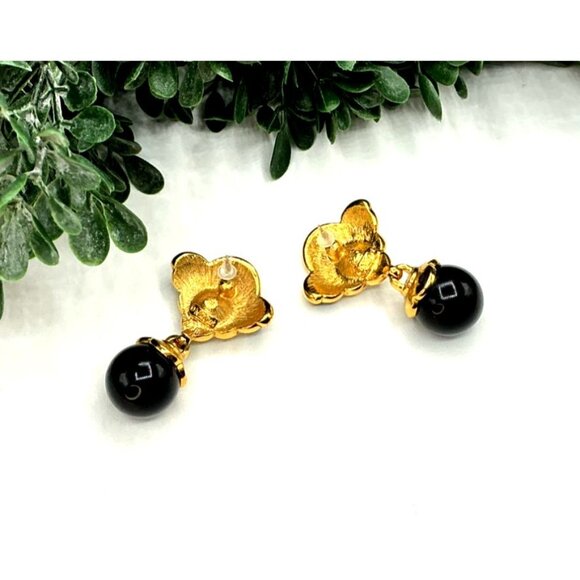 Gold and Black Enamel Flower Earrings With Crystal Accents and Black Beads - Picture 8 of 8
